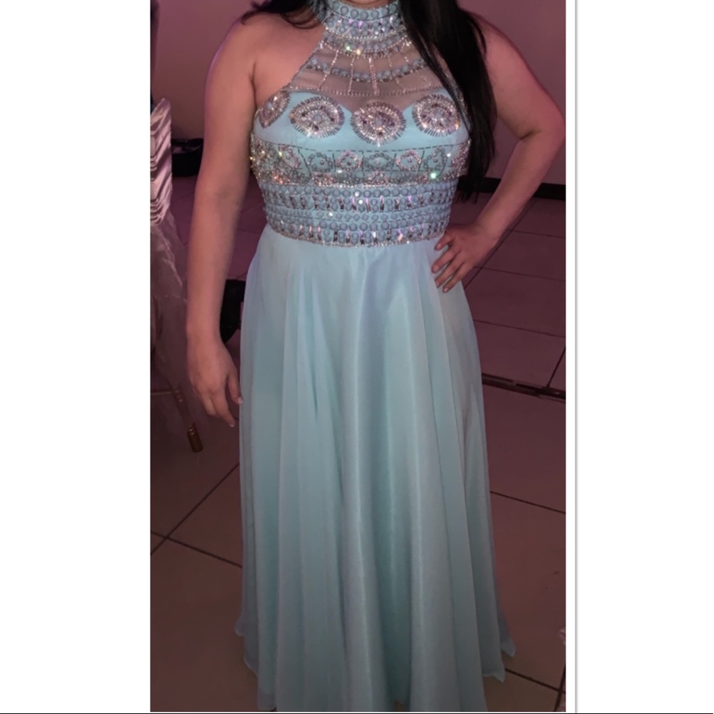 Aspeed turquoise & silver beaded chiffon dress